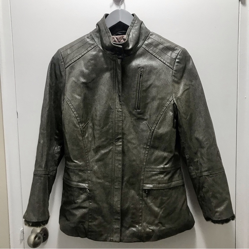 Danier metallic (with shine) gray genuine leather lined moto jacket size…